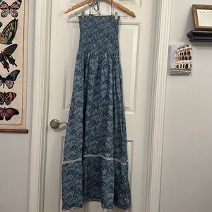 Popies blue 100% cotton printed smocked tiered maxi dress XS